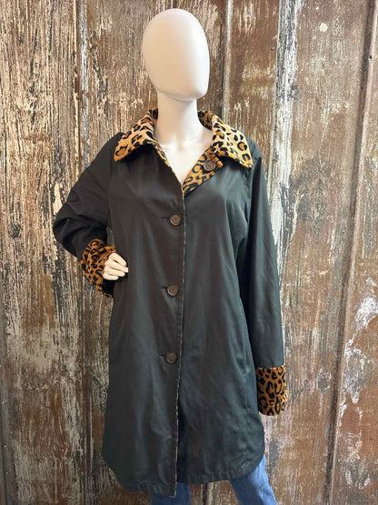 Dennis by Dennis Basso Size 1X Black/Animal Print Rain Jacket
