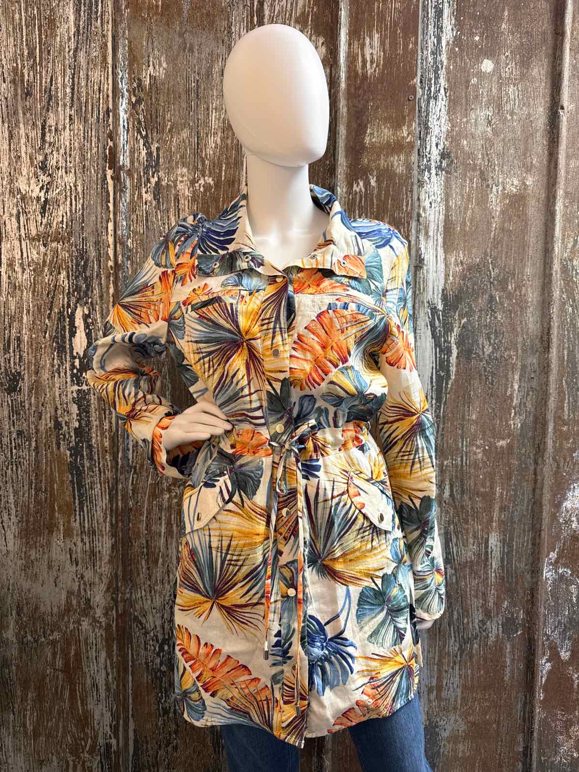 Chico's Size Medium Tan/Green Print Jacket