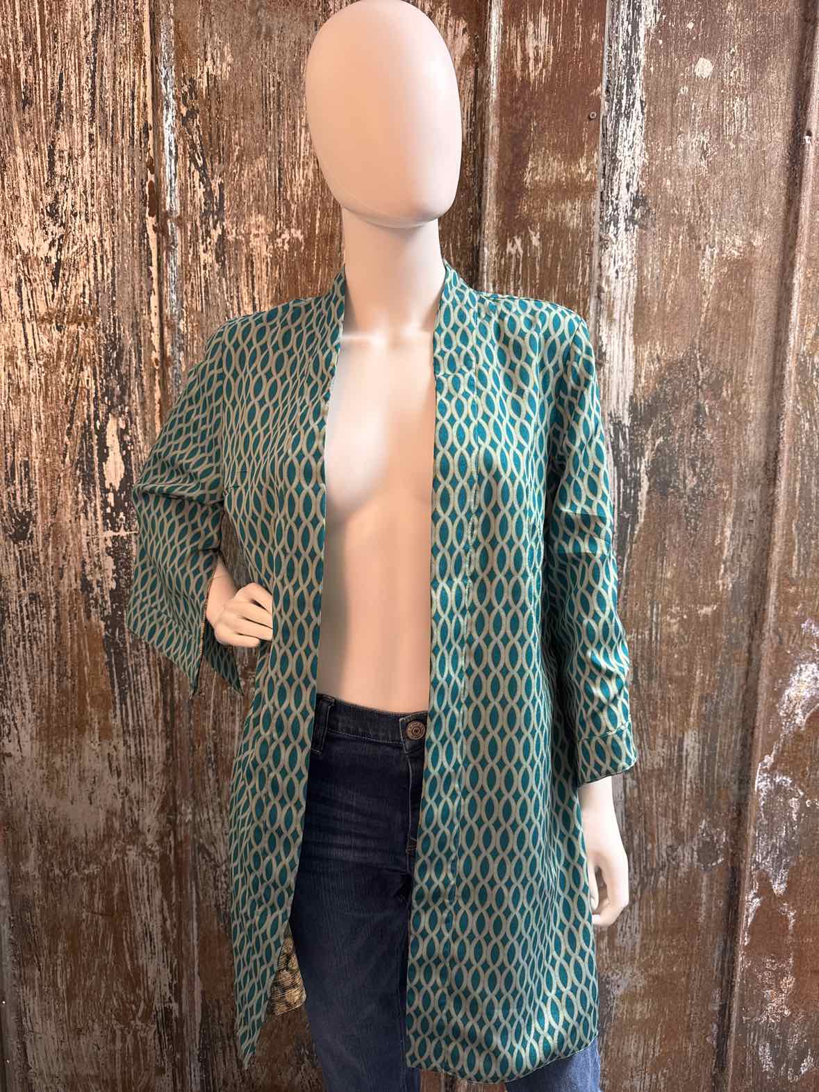 Chico's Size Medium Brown & Blue Print Duster Kimono Jacket