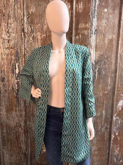 Chico's Size Medium Brown & Blue Print Duster Kimono Jacket