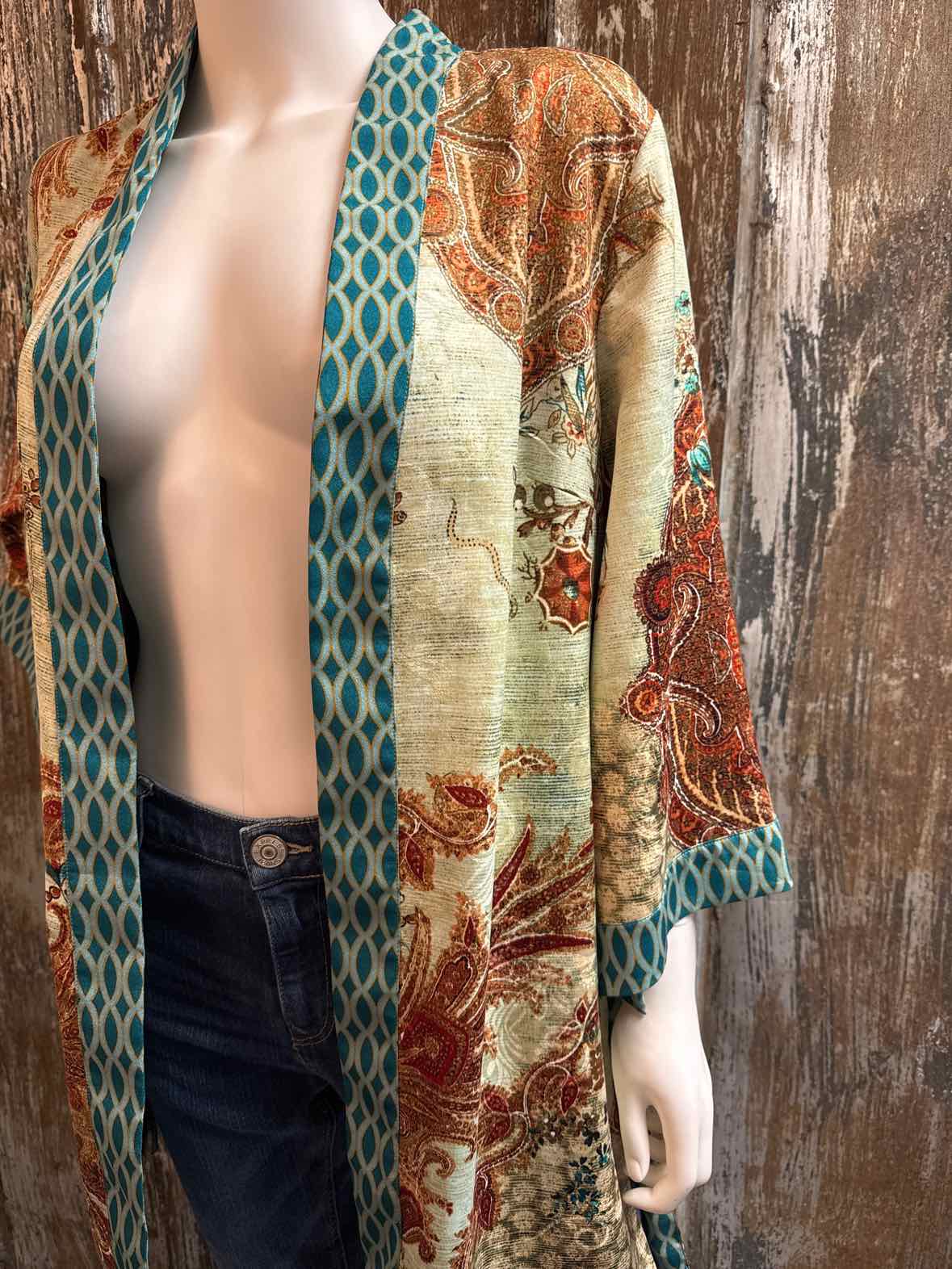 Chico's Size Medium Brown & Blue Print Duster Kimono Jacket
