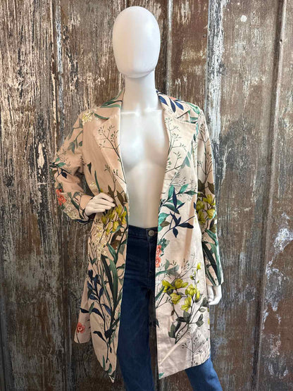 Chico's Size Large Tan/Green Floral Spring Jacket