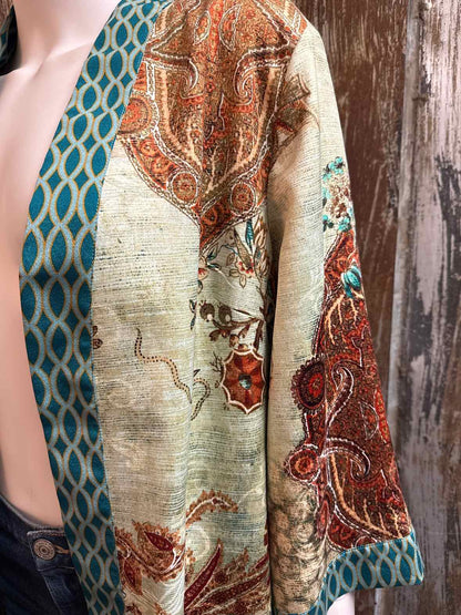 Chico's Size Medium Brown & Blue Print Duster Kimono Jacket