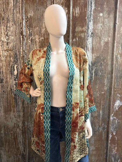 Chico's Size Medium Brown & Blue Print Duster Kimono Jacket