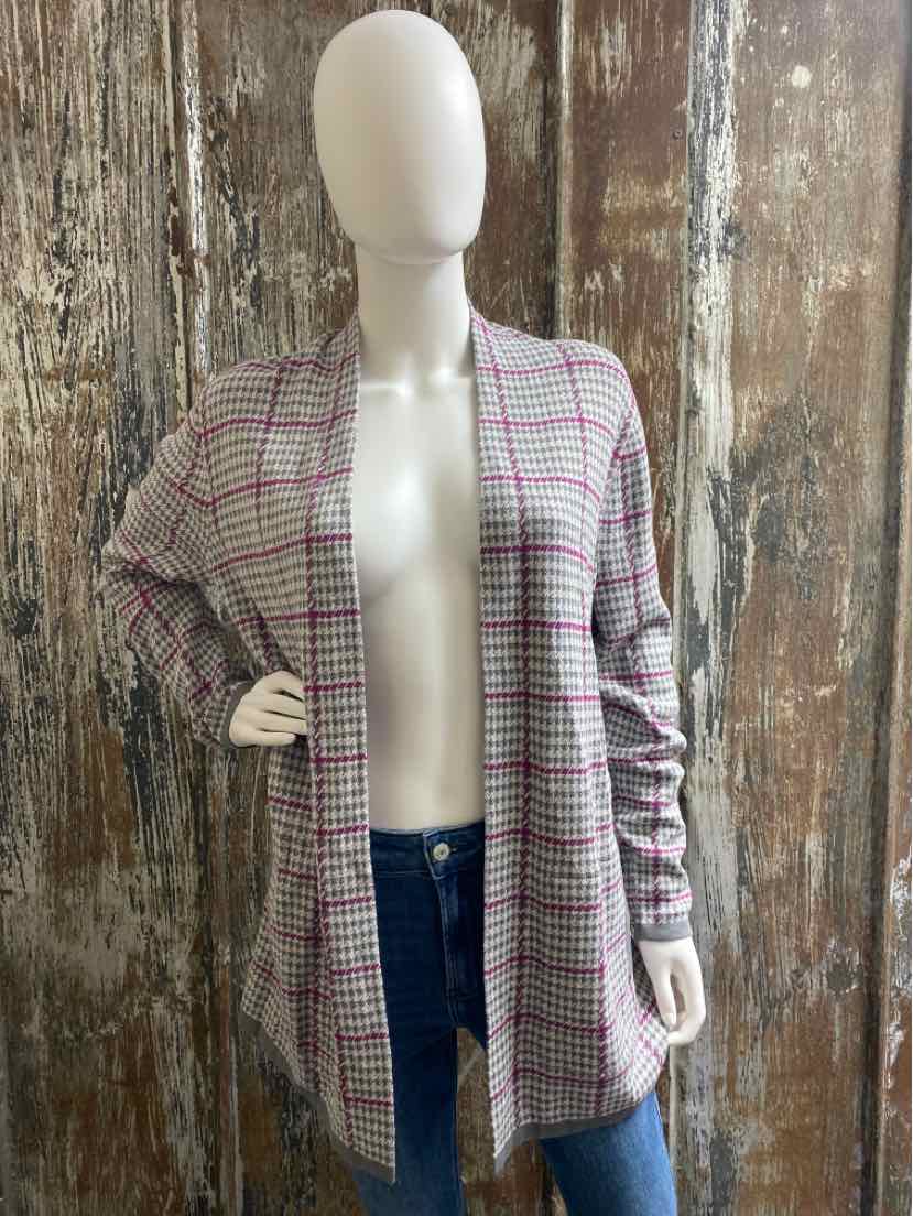 Lands End Size Medium Gray/Pink Houndstooth Cardigan