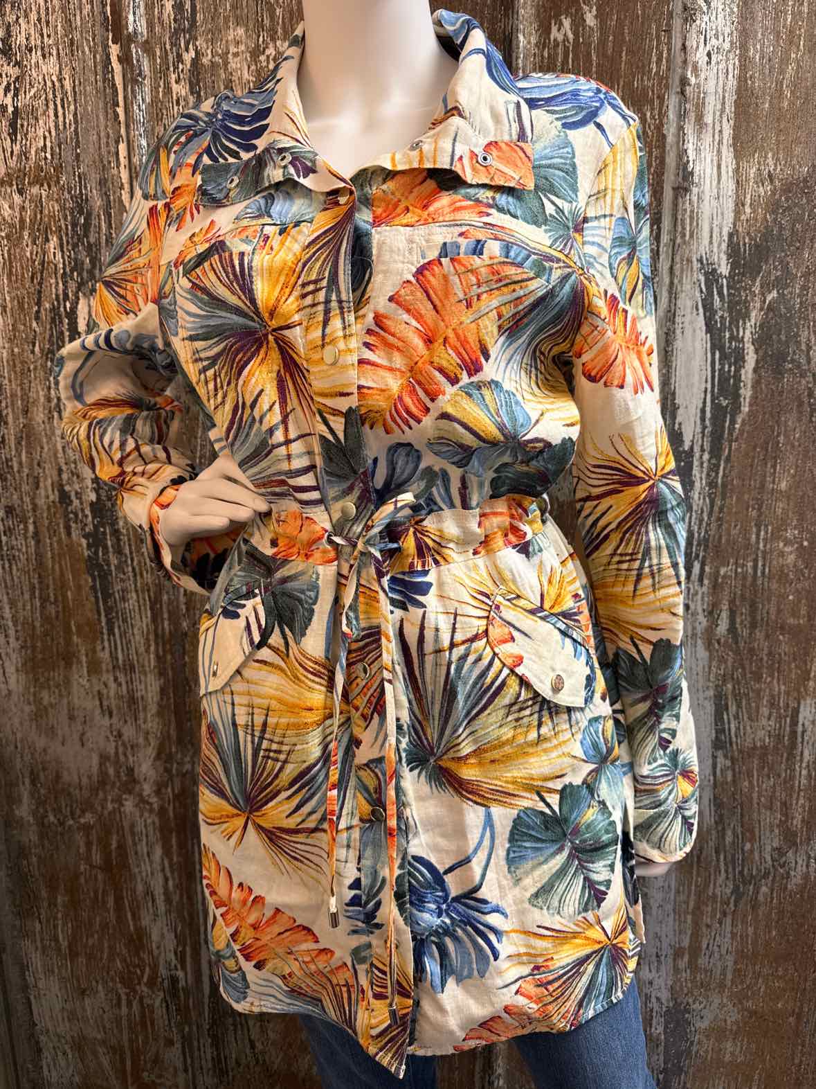 Chico's Size Medium Tan/Green Print Jacket